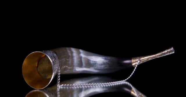 A traditional drinking horn pictured in a reflective surface.