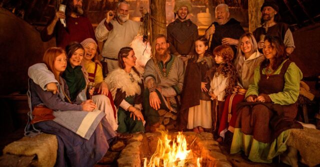 A viking gathering where drinking horns are used.