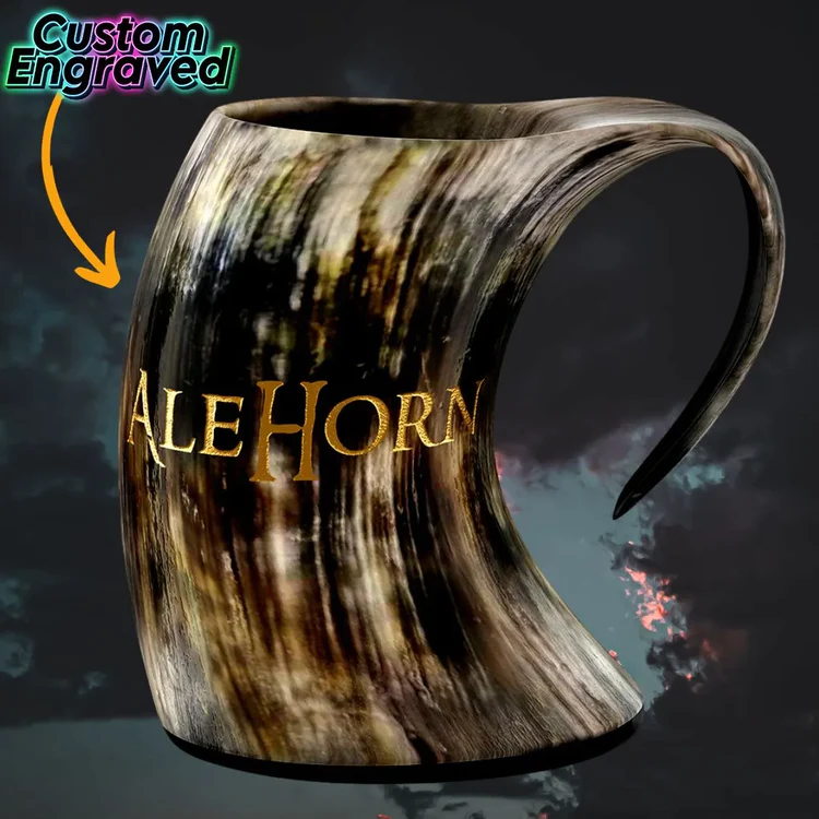 Custom engraved mug showing the words ALEHORN in the side