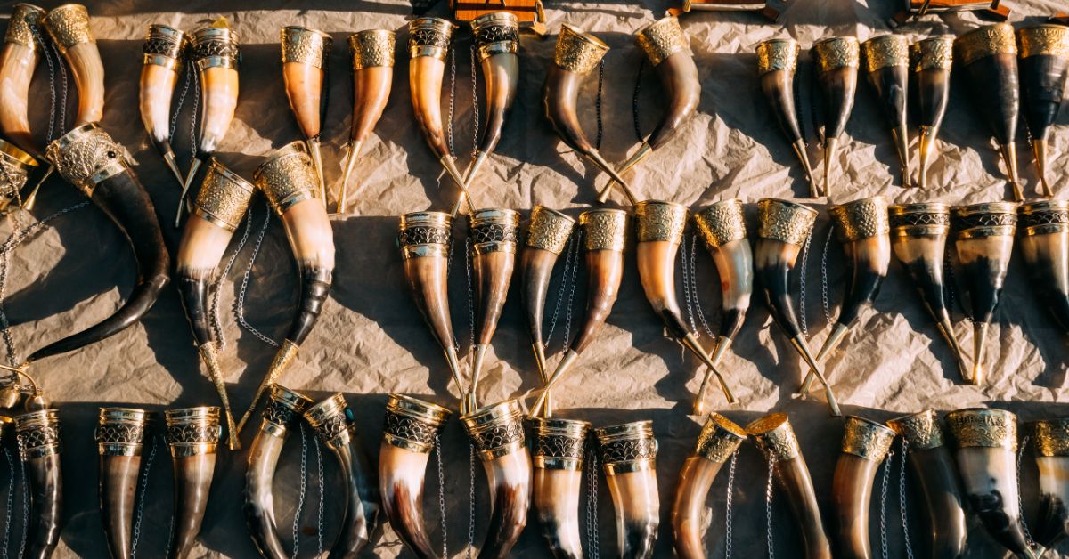 Drinking horns on display, ready to be sold.