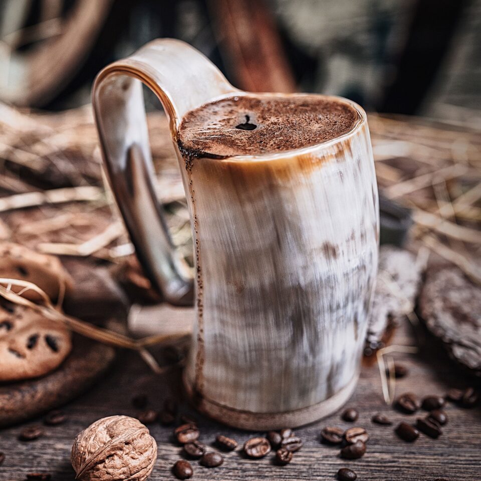 Drinking horn mug that has been specially sealed for use with hot beverages.