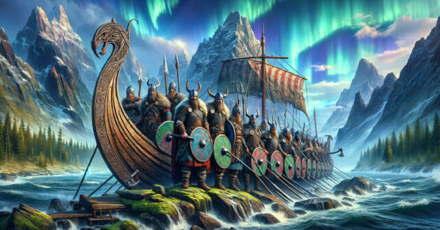 Computer generated image capturing the theme of Vikings and Norse Mythology with a Viking ship and Viking warriors on the rugged, rocky coastline