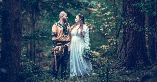 A nordic pre-wedding photoshoot in the middle of a forest.