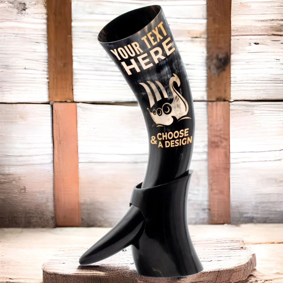 Drinking horn with stand and custom text and symbol.