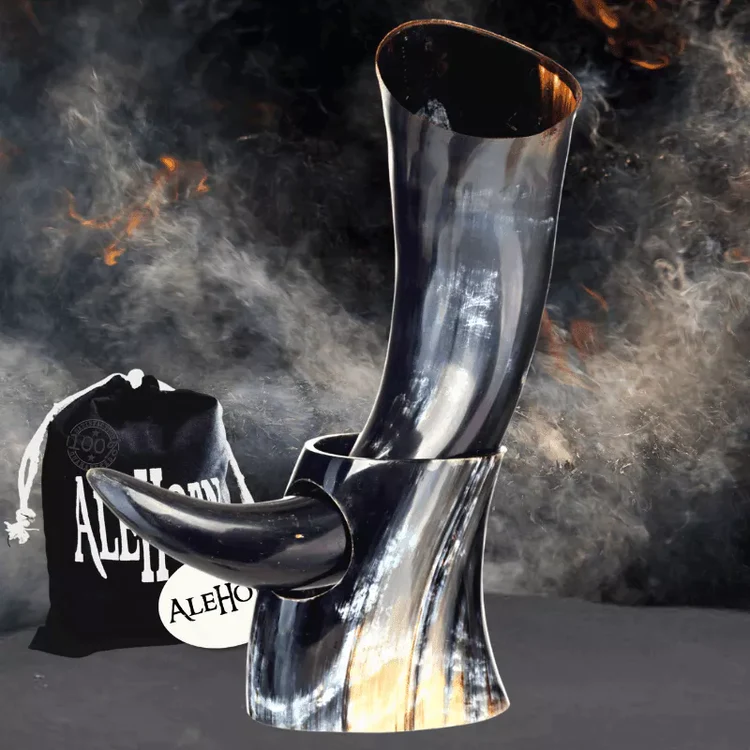 Extra large polished drinking horn with matching stand